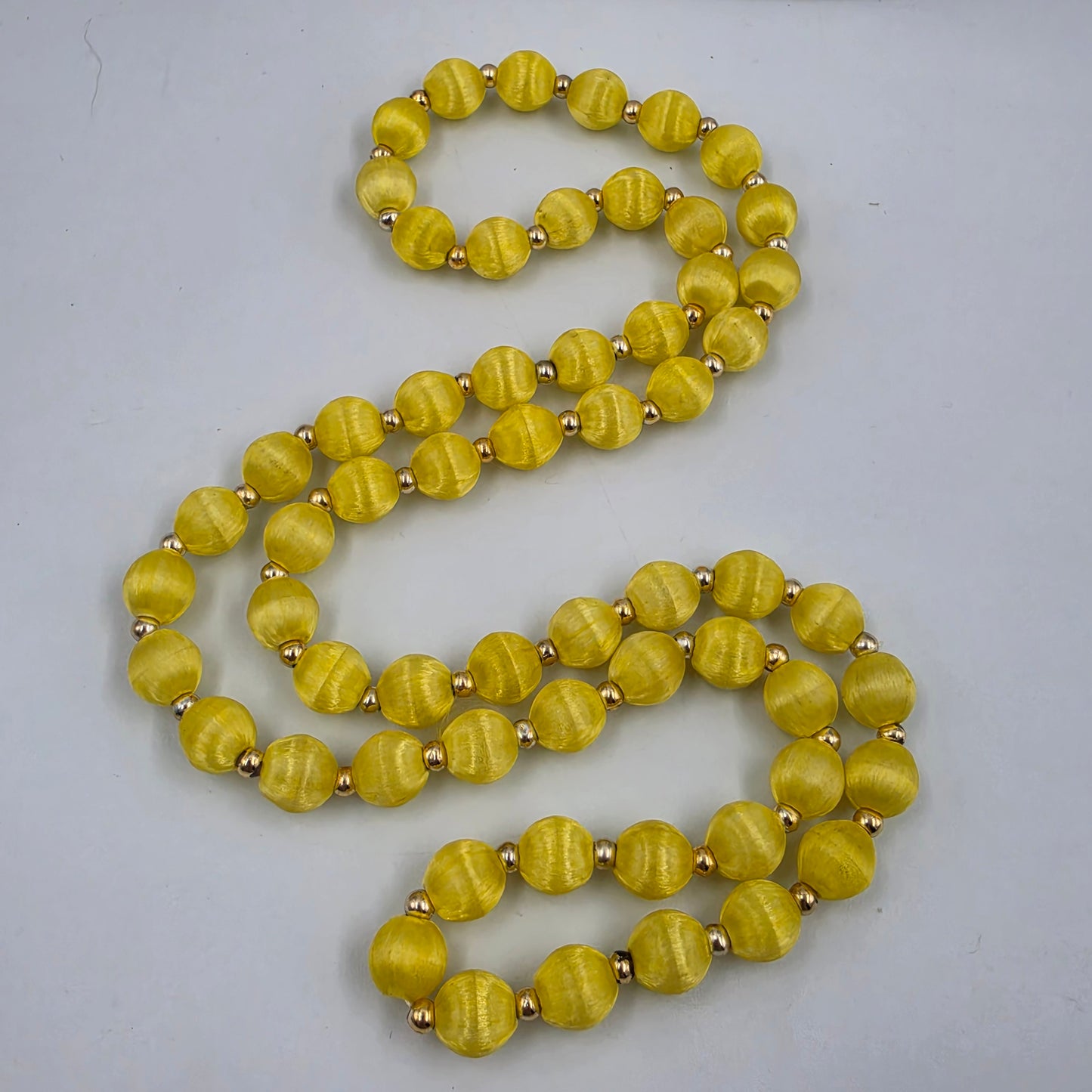 30" Yellow Silk Wrapped Bead Necklace With Gold Tone Spacers