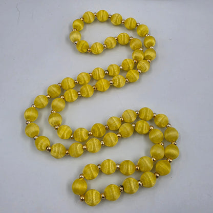 30" Yellow Silk Wrapped Bead Necklace With Gold Tone Spacers
