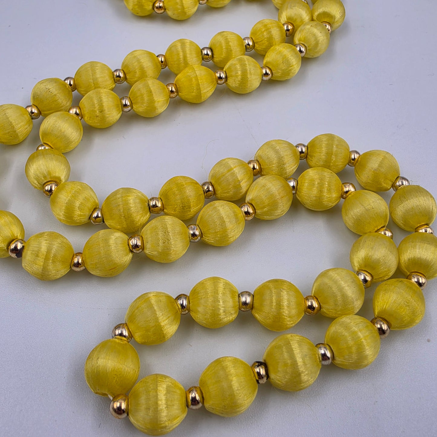 30" Yellow Silk Wrapped Bead Necklace With Gold Tone Spacers