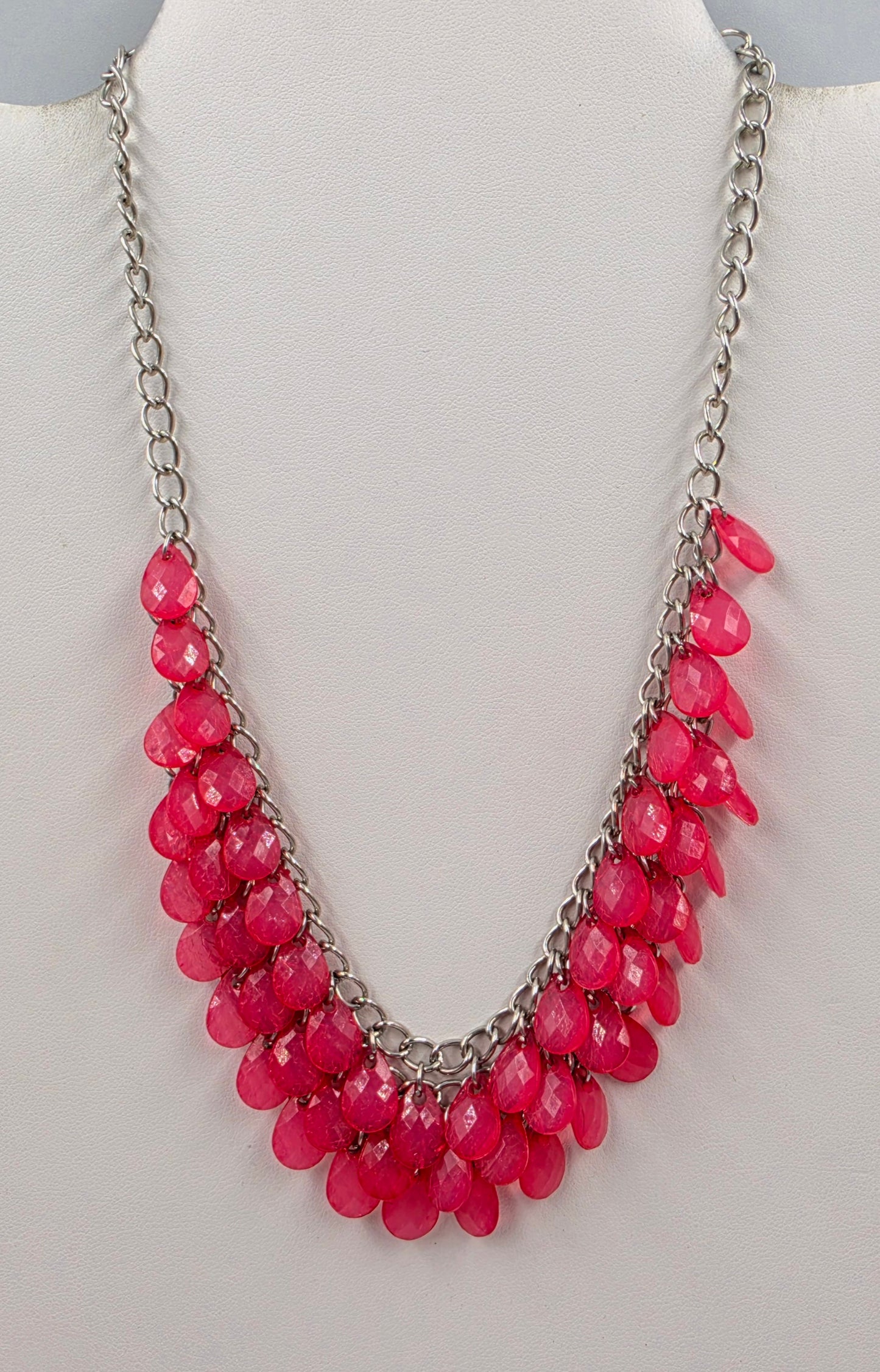 17"-19.5" Pink Faceted Acrylic Dangle Bead Statement Necklace