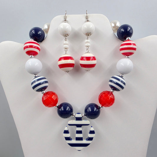 Nautical/ Patriotic Themed Bubblegum Beaded 15.5" Necklace And 3" Earring Set