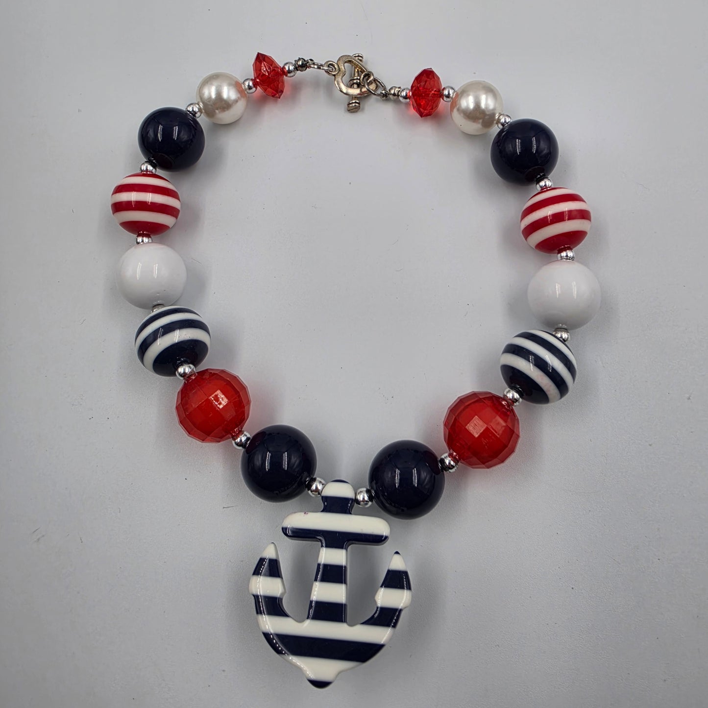 Nautical/ Patriotic Themed Bubblegum Beaded 15.5" Necklace And 3" Earring Set