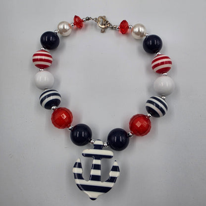 Nautical/ Patriotic Themed Bubblegum Beaded 15.5" Necklace And 3" Earring Set