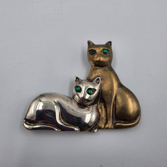 GORHAM STERLING Two Tone Sterling Silver Cats With Green Gemmed Eyes Vintage Brooch