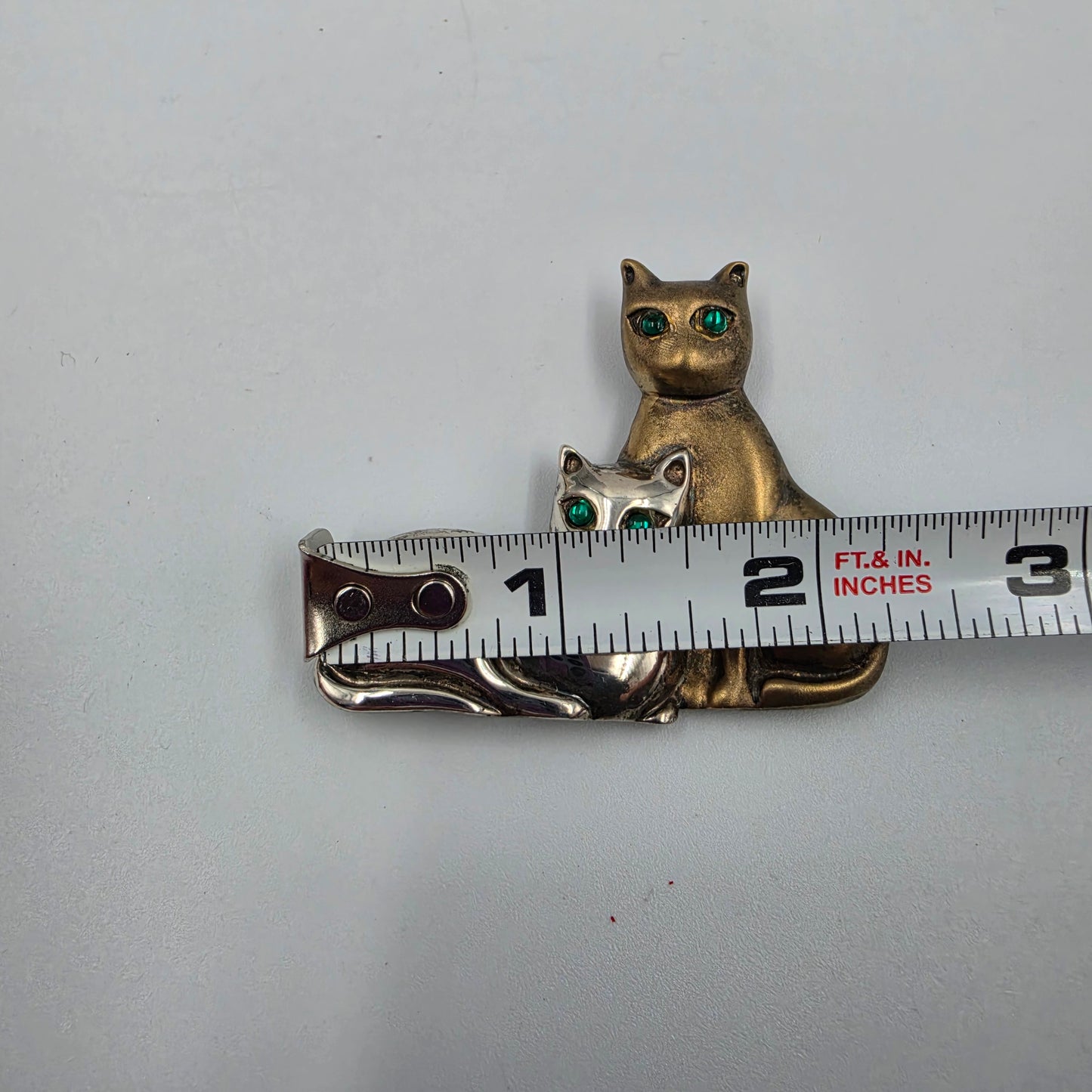 GORHAM STERLING Two Tone Sterling Silver Cats With Green Gemmed Eyes Vintage Brooch