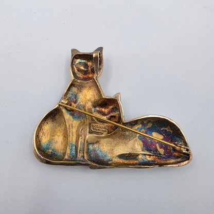 GORHAM STERLING Two Tone Sterling Silver Cats With Green Gemmed Eyes Vintage Brooch
