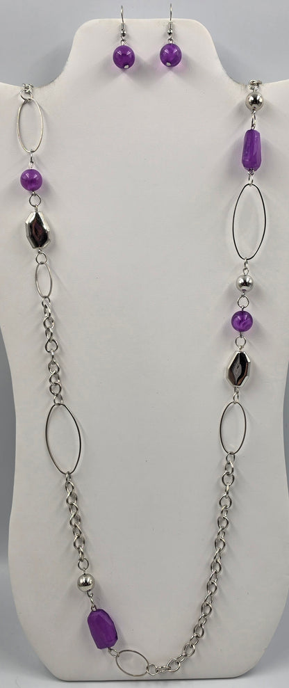44"-46.5" Purple Faceted Acrylic Stone/Silver Tone Necklace With Matching Earrings