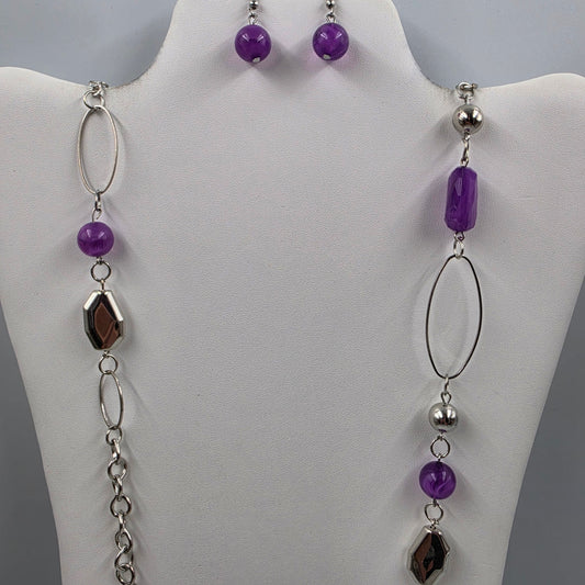44"-46.5" Purple Faceted Acrylic Stone/Silver Tone Necklace With Matching Earrings