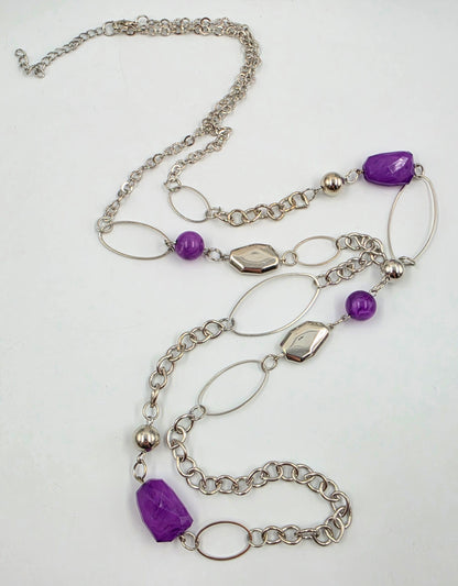 44"-46.5" Purple Faceted Acrylic Stone/Silver Tone Necklace With Matching Earrings