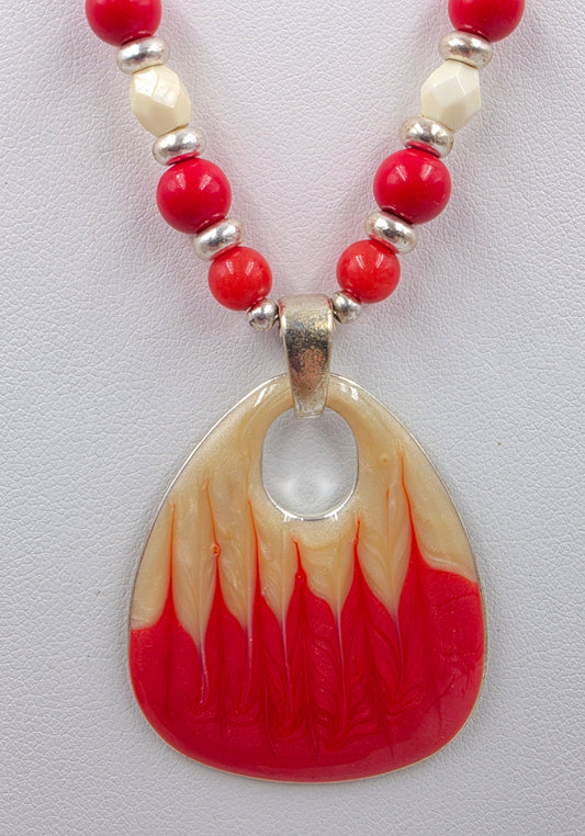 16"-19" Enamel Painted Cream/Red Bead Necklace With Matching Enamel 1.5" Dangle Earrings