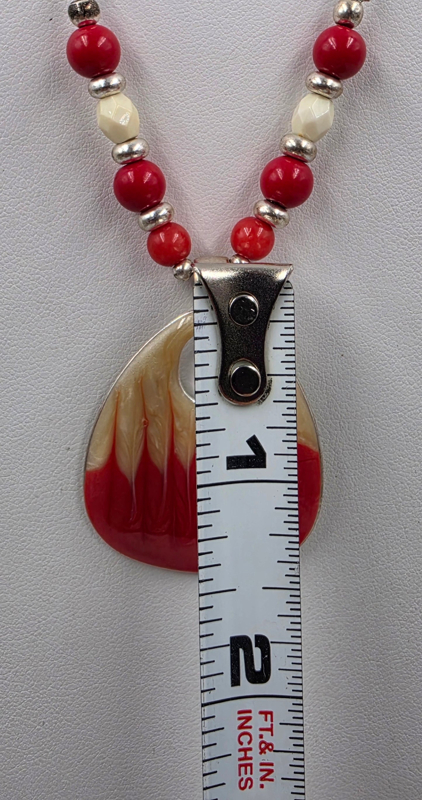 16"-19" Enamel Painted Cream/Red Bead Necklace With Matching Enamel 1.5" Dangle Earrings