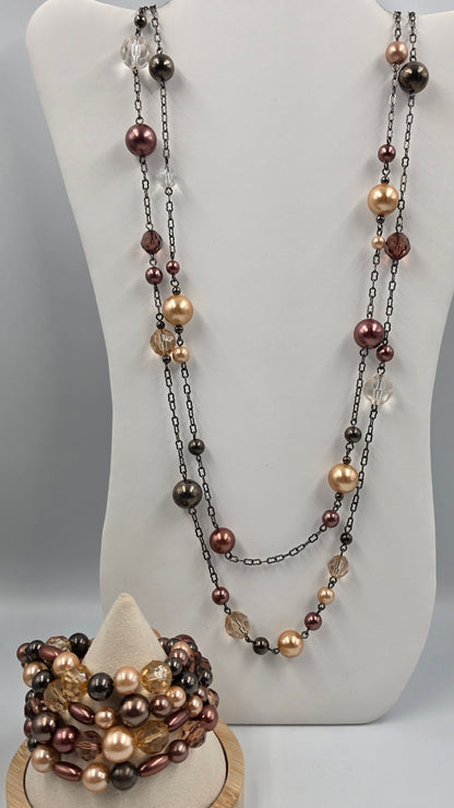 40"-44" Brown/Gold/Clear Acrylic Bead Necklace With Matching 4 Strand 7.25"-7.75" Bracelet