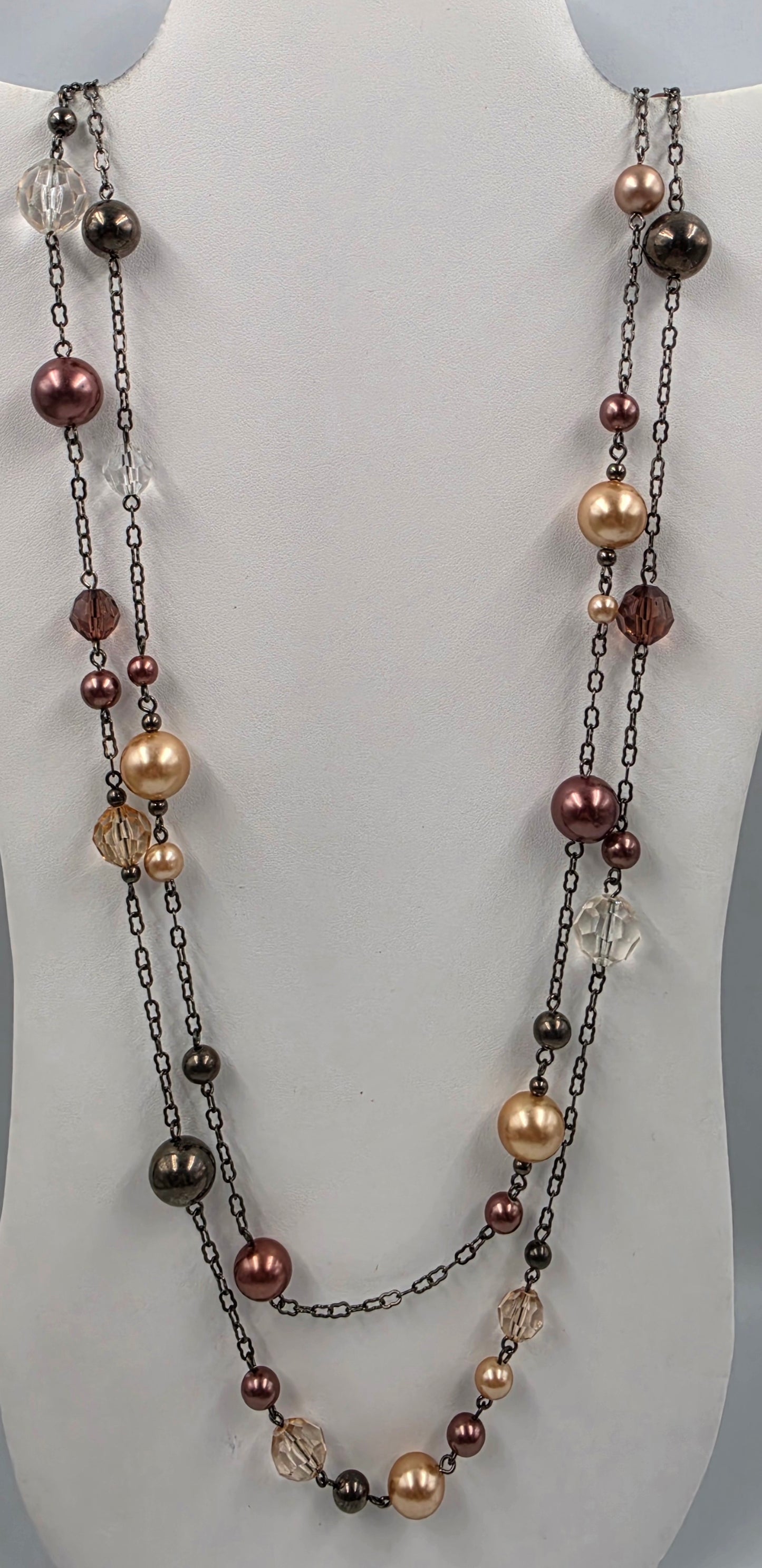 40"-44" Brown/Gold/Clear Acrylic Bead Necklace With Matching 4 Strand 7.25"-7.75" Bracelet