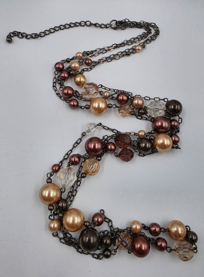 40"-44" Brown/Gold/Clear Acrylic Bead Necklace With Matching 4 Strand 7.25"-7.75" Bracelet