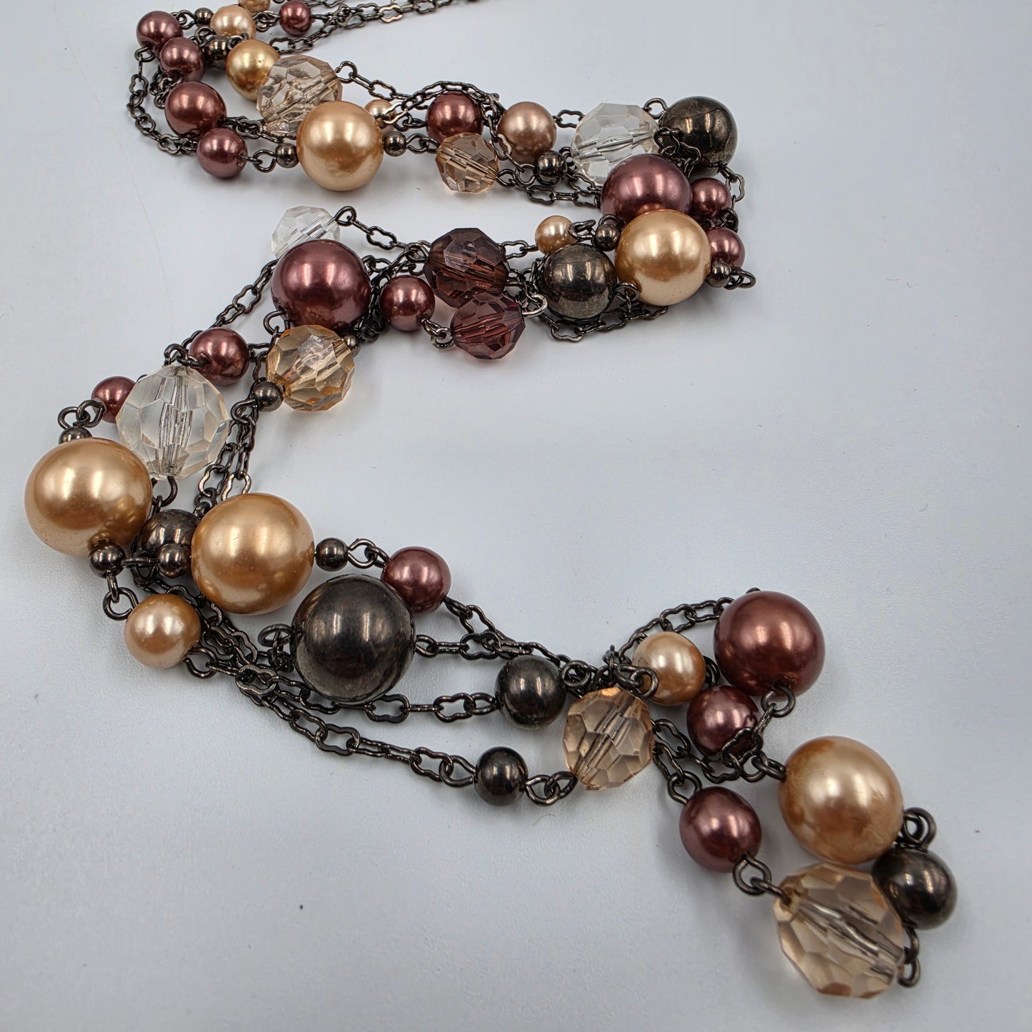 40"-44" Brown/Gold/Clear Acrylic Bead Necklace With Matching 4 Strand 7.25"-7.75" Bracelet
