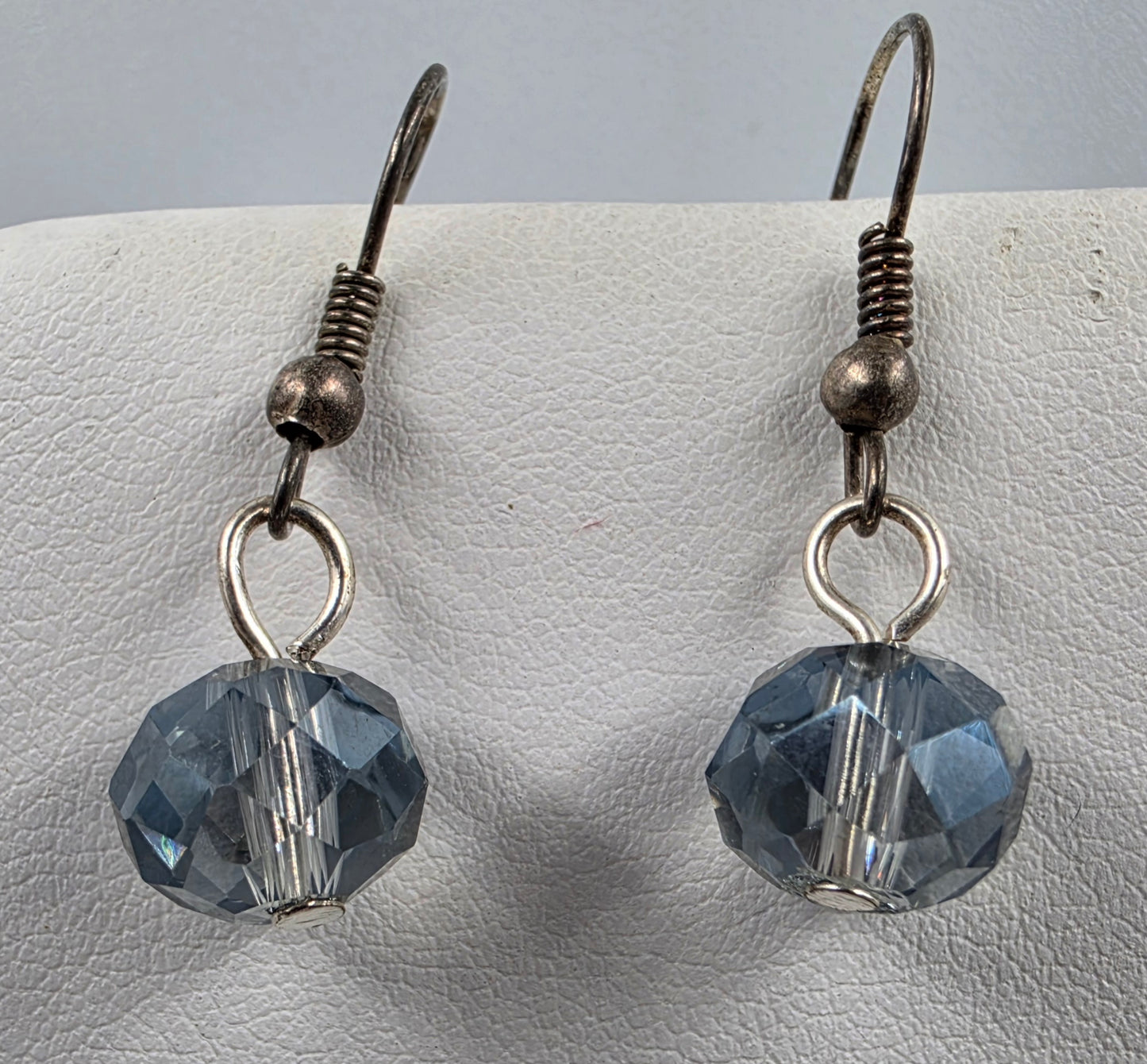 18"-21" Blue Marbled Glass SquareDisk Bead/Blue Smoky Faceted Round Bead Necklace With Matching 1" Earrings