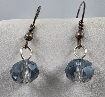 18"-21" Blue Marbled Glass SquareDisk Bead/Blue Smoky Faceted Round Bead Necklace With Matching 1" Earrings
