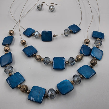 18"-21" Blue Marbled Glass SquareDisk Bead/Blue Smoky Faceted Round Bead Necklace With Matching 1" Earrings