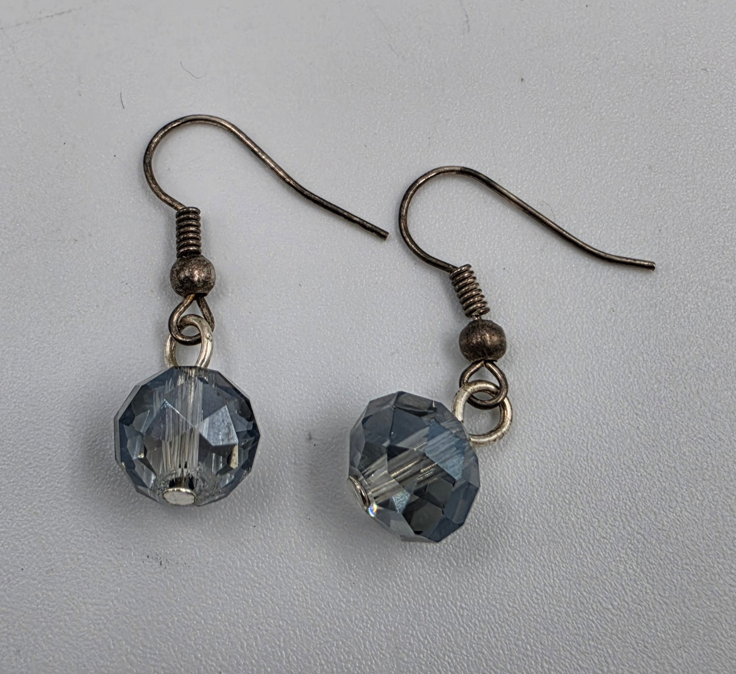 18"-21" Blue Marbled Glass SquareDisk Bead/Blue Smoky Faceted Round Bead Necklace With Matching 1" Earrings