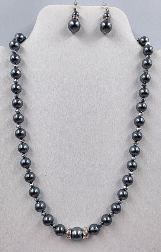 17.5"-20.5" Dark Grey Round Luster Faux Pearl Bead/Clear Rhinestone Accented Center Facet Piece Necklace With Matching 1.25" Earrings