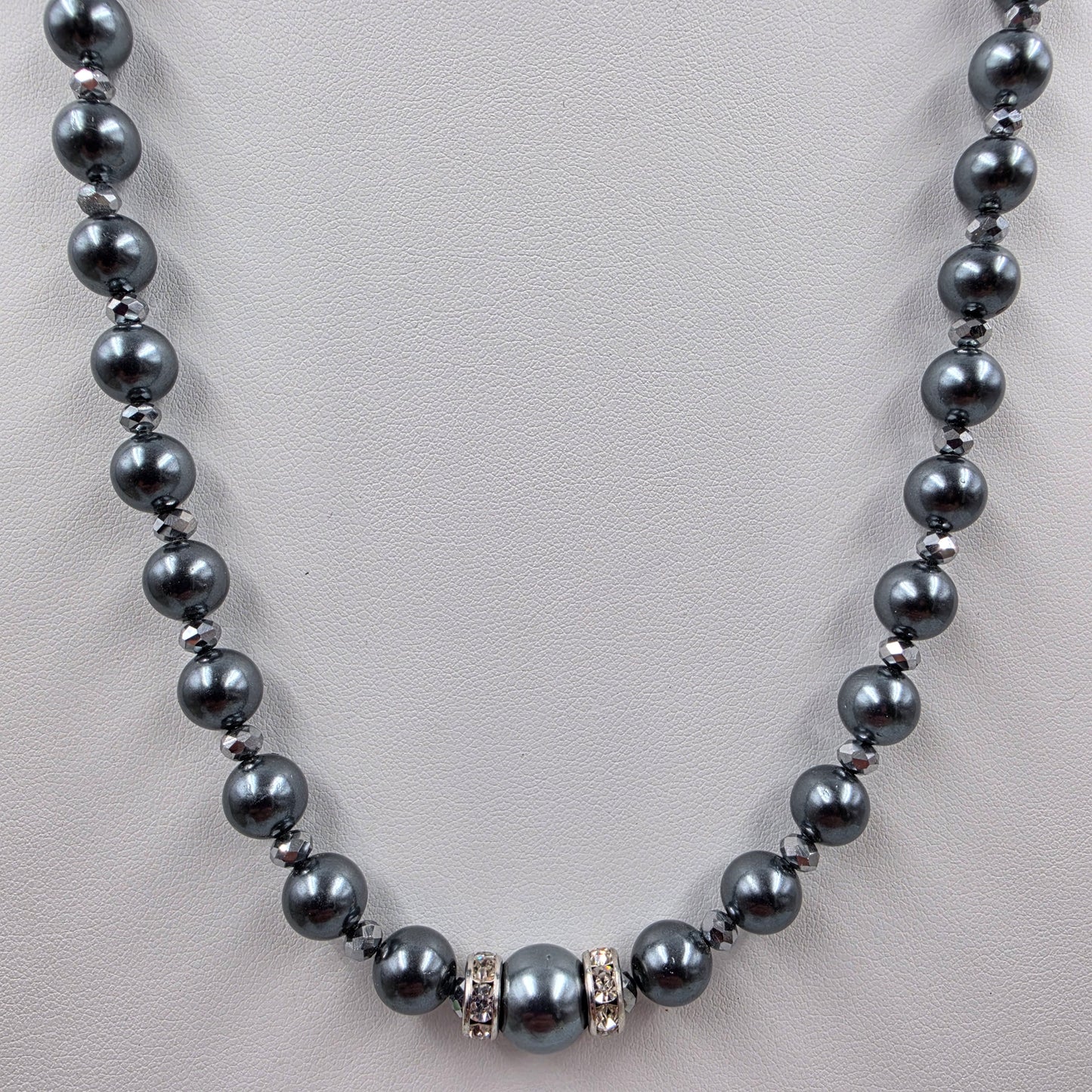 17.5"-20.5" Dark Grey Round Luster Faux Pearl Bead/Clear Rhinestone Accented Center Facet Piece Necklace With Matching 1.25" Earrings