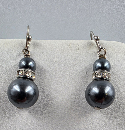 17.5"-20.5" Dark Grey Round Luster Faux Pearl Bead/Clear Rhinestone Accented Center Facet Piece Necklace With Matching 1.25" Earrings