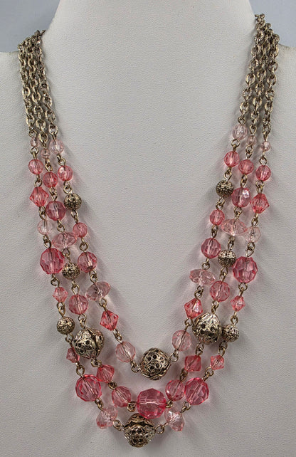 1928 Brand 16"-19" Pink Acrylic/Silver Tone Filagree Bead Necklace