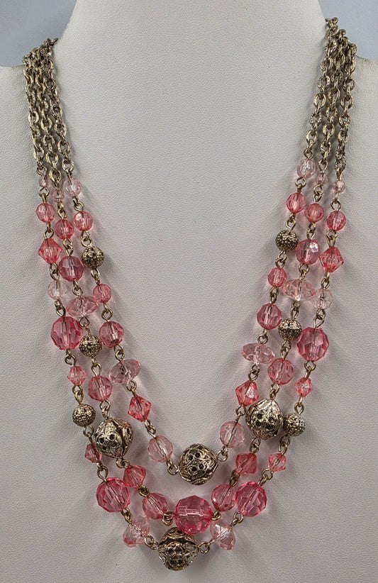 1928 Brand 16"-19" Pink Acrylic/Silver Tone Filagree Bead Necklace