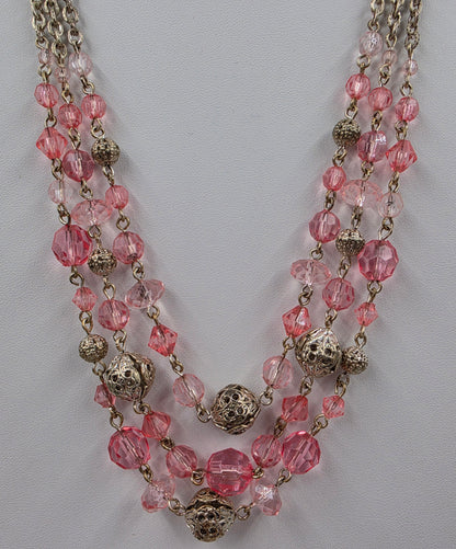 1928 Brand 16"-19" Pink Acrylic/Silver Tone Filagree Bead Necklace