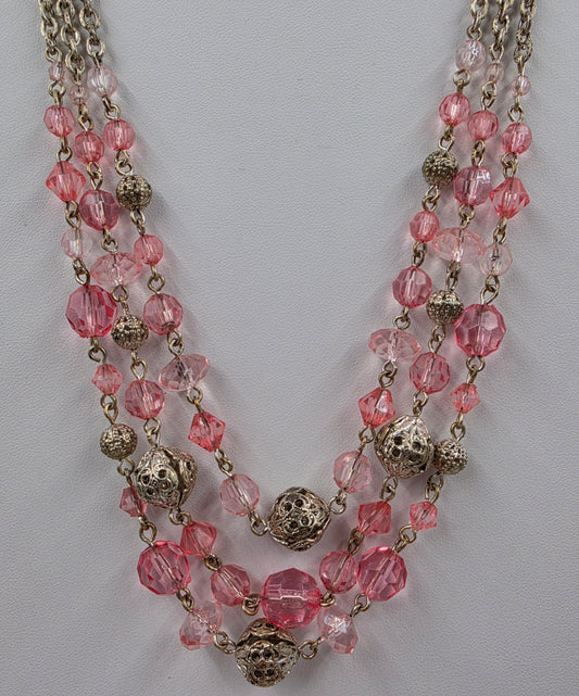 1928 Brand 16"-19" Pink Acrylic/Silver Tone Filagree Bead Necklace