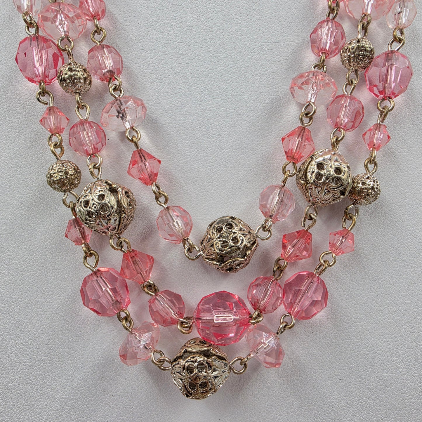 1928 Brand 16"-19" Pink Acrylic/Silver Tone Filagree Bead Necklace
