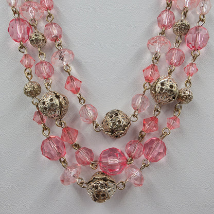 1928 Brand 16"-19" Pink Acrylic/Silver Tone Filagree Bead Necklace