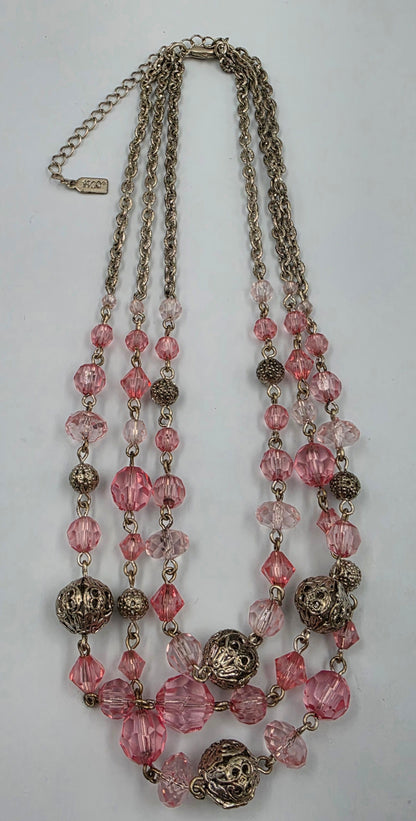 1928 Brand 16"-19" Pink Acrylic/Silver Tone Filagree Bead Necklace