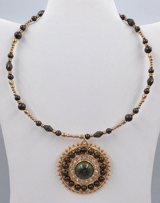 1946 Brand Bohemian Style/Dark Green Acrylic Bead/Clear Rhinestone/Gold Tone Medallion Pendant Necklace