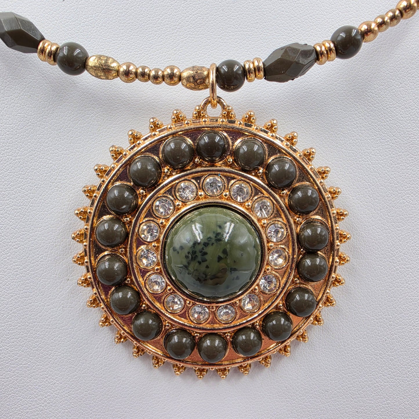 1946 Brand Bohemian Style/Dark Green Acrylic Bead/Clear Rhinestone/Gold Tone Medallion Pendant Necklace