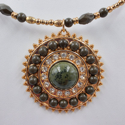 1946 Brand Bohemian Style/Dark Green Acrylic Bead/Clear Rhinestone/Gold Tone Medallion Pendant Necklace