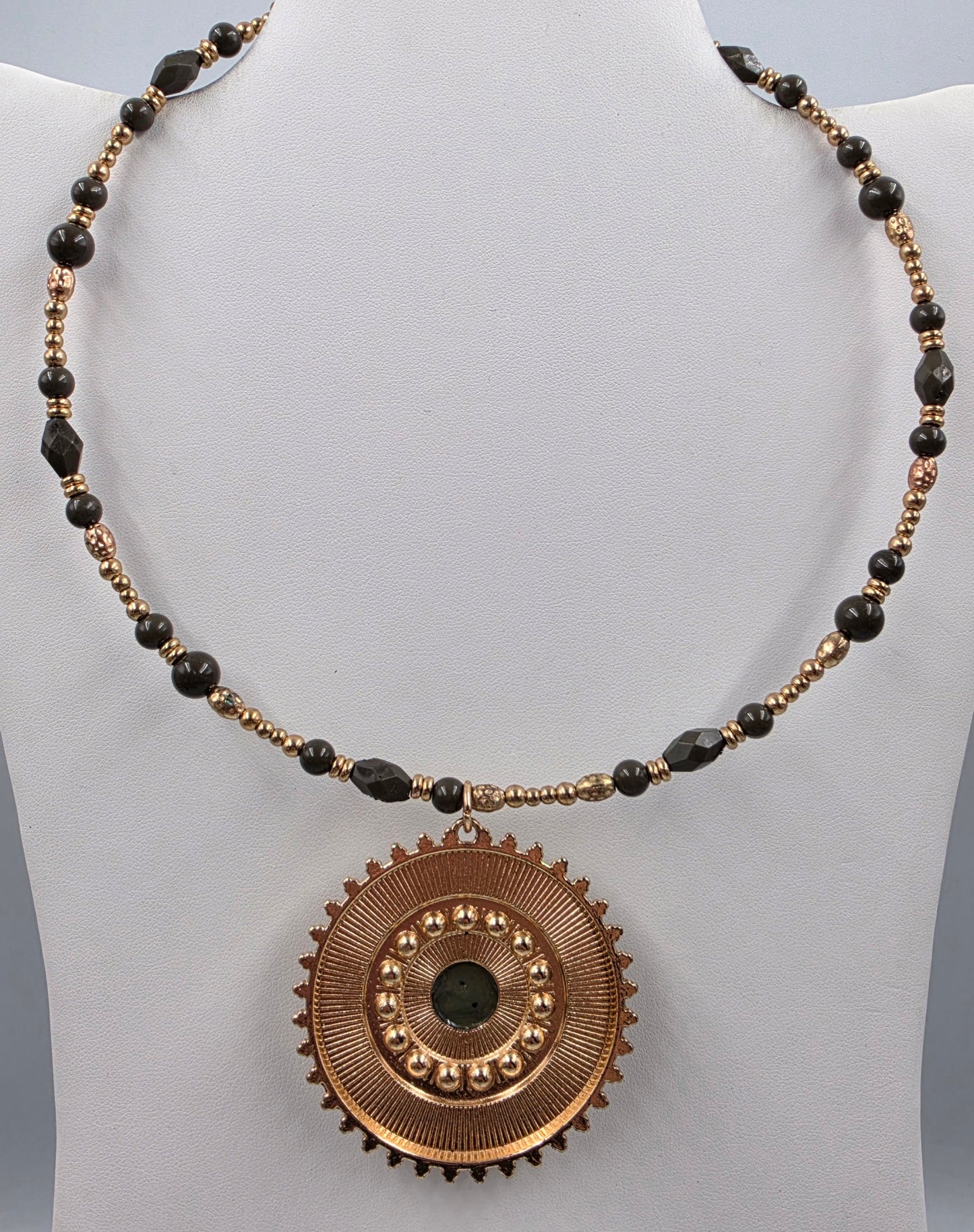 1946 Brand Bohemian Style/Dark Green Acrylic Bead/Clear Rhinestone/Gold Tone Medallion Pendant Necklace