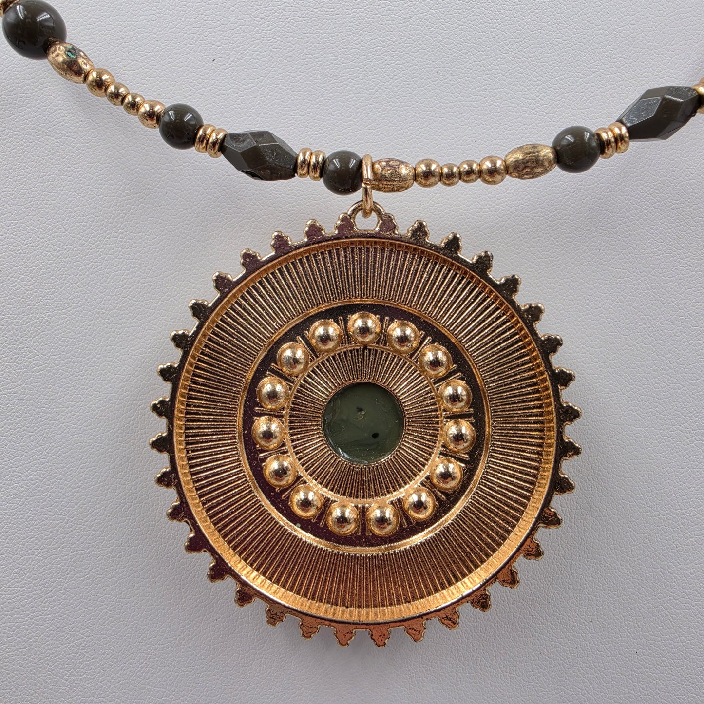 1946 Brand Bohemian Style/Dark Green Acrylic Bead/Clear Rhinestone/Gold Tone Medallion Pendant Necklace