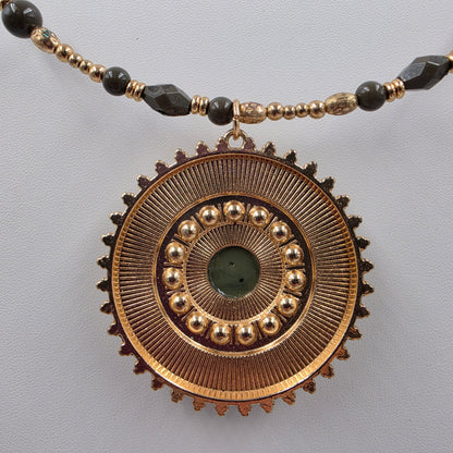 1946 Brand Bohemian Style/Dark Green Acrylic Bead/Clear Rhinestone/Gold Tone Medallion Pendant Necklace