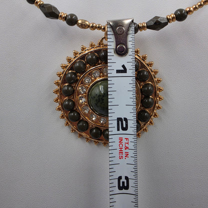 1946 Brand Bohemian Style/Dark Green Acrylic Bead/Clear Rhinestone/Gold Tone Medallion Pendant Necklace