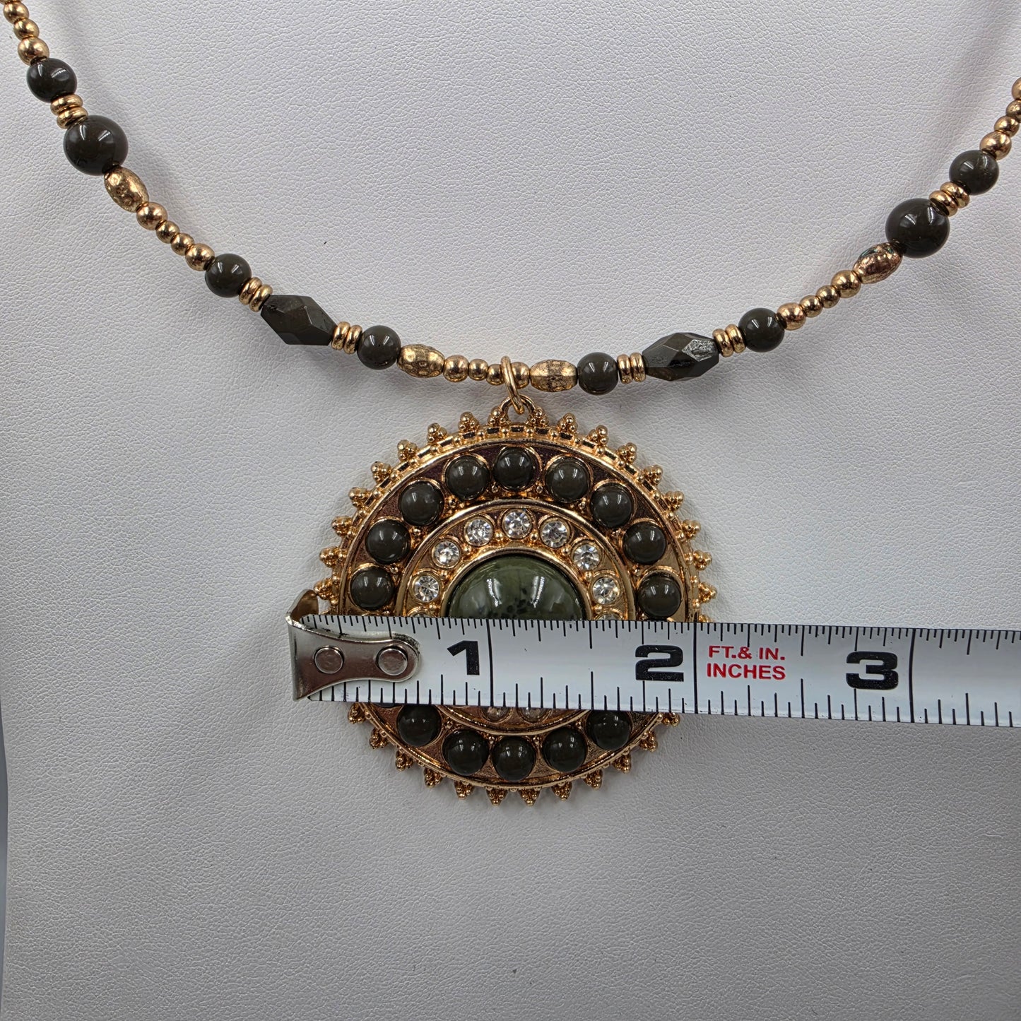 1946 Brand Bohemian Style/Dark Green Acrylic Bead/Clear Rhinestone/Gold Tone Medallion Pendant Necklace