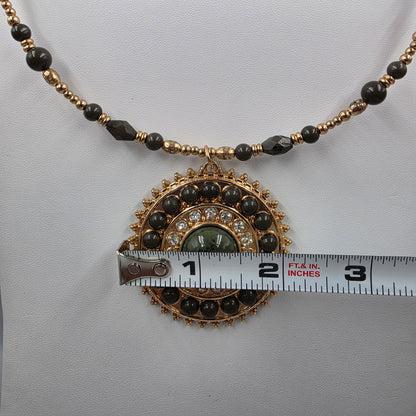 1946 Brand Bohemian Style/Dark Green Acrylic Bead/Clear Rhinestone/Gold Tone Medallion Pendant Necklace