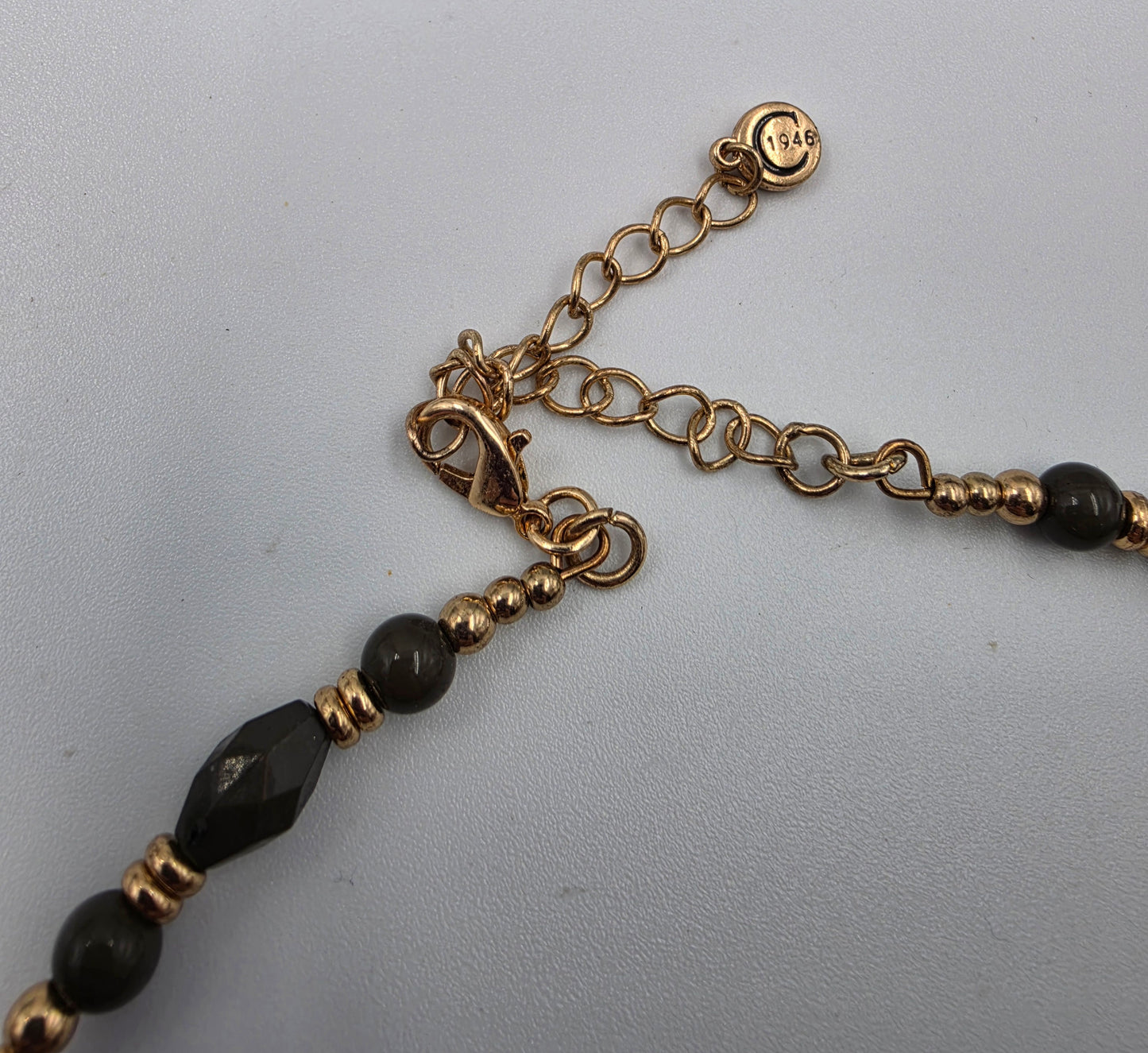 1946 Brand Bohemian Style/Dark Green Acrylic Bead/Clear Rhinestone/Gold Tone Medallion Pendant Necklace