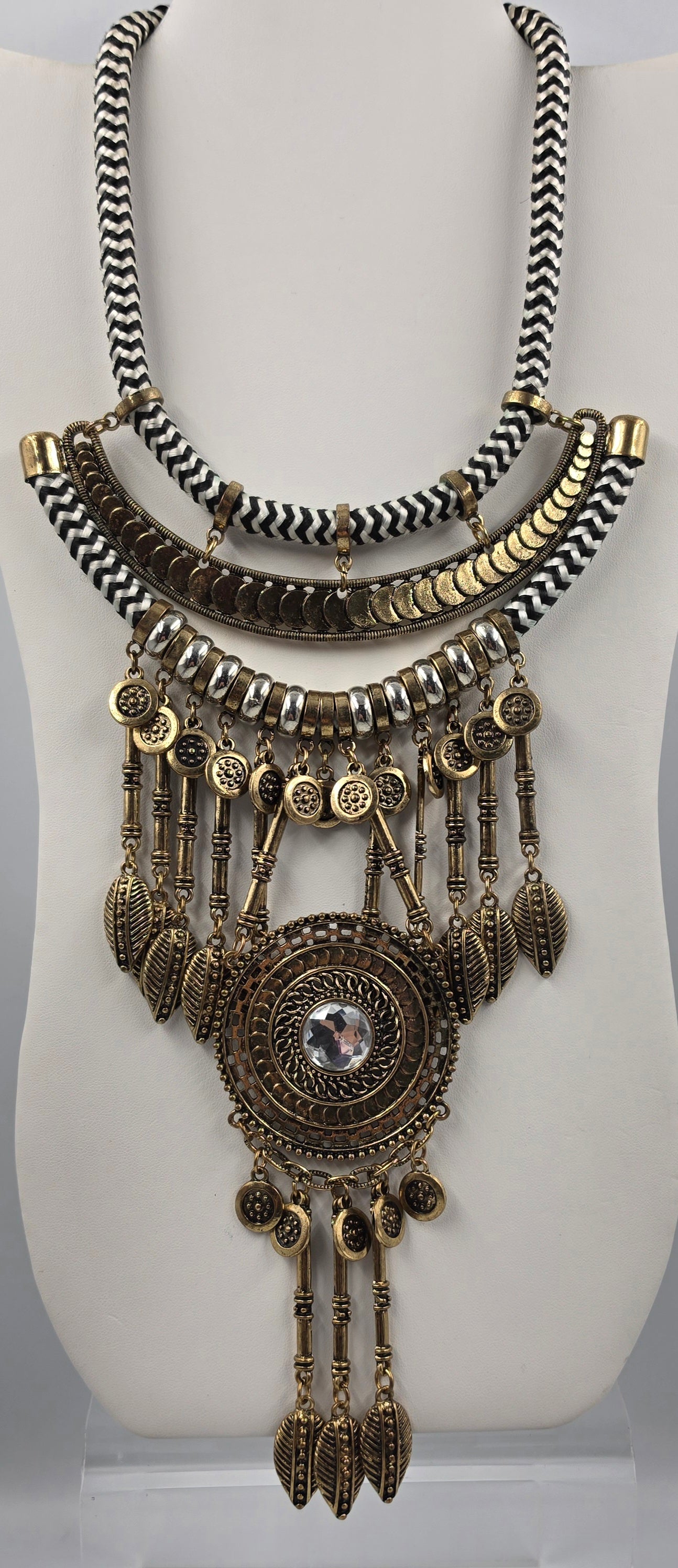 16"-18.5" Antiqued Gold Tone Bohemian Style Layered Cord/Hanging Coin Dangles/Intricate Metalwork Statement Necklace
