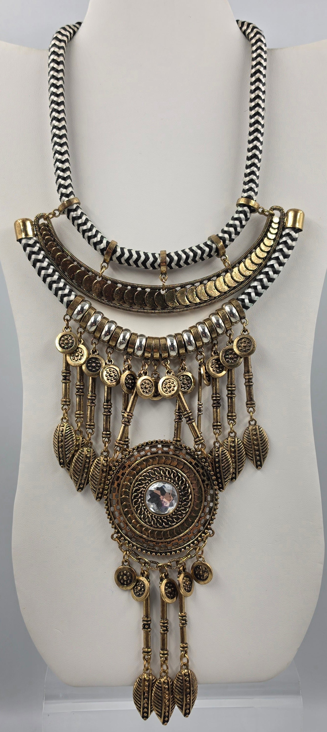 16"-18.5" Antiqued Gold Tone Bohemian Style Layered Cord/Hanging Coin Dangles/Intricate Metalwork Statement Necklace