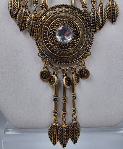16"-18.5" Antiqued Gold Tone Bohemian Style Layered Cord/Hanging Coin Dangles/Intricate Metalwork Statement Necklace