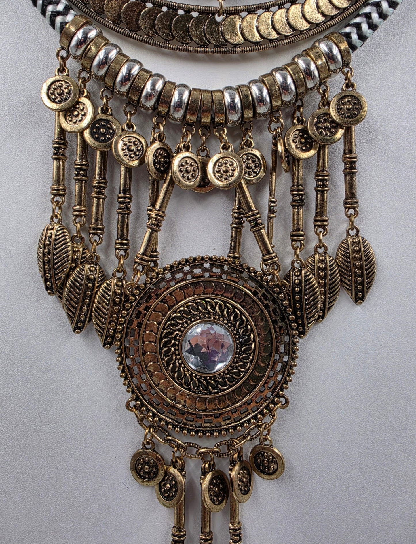 16"-18.5" Antiqued Gold Tone Bohemian Style Layered Cord/Hanging Coin Dangles/Intricate Metalwork Statement Necklace