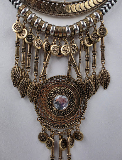 16"-18.5" Antiqued Gold Tone Bohemian Style Layered Cord/Hanging Coin Dangles/Intricate Metalwork Statement Necklace
