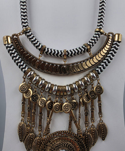 16"-18.5" Antiqued Gold Tone Bohemian Style Layered Cord/Hanging Coin Dangles/Intricate Metalwork Statement Necklace