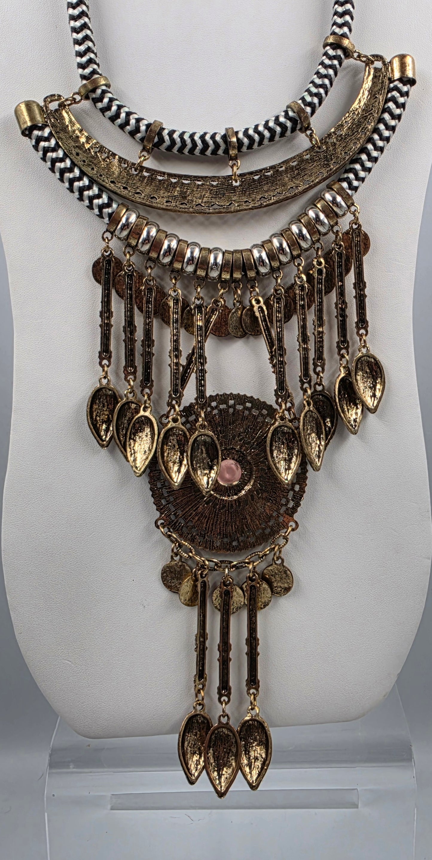 16"-18.5" Antiqued Gold Tone Bohemian Style Layered Cord/Hanging Coin Dangles/Intricate Metalwork Statement Necklace